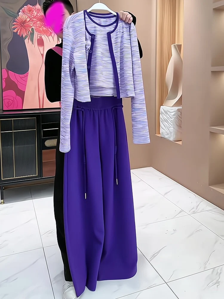 

High-End Casual Three-Piece Set Women's Long Sleeve Open Cardigan Vest High Waist Wide Leg Pants Spring New Style