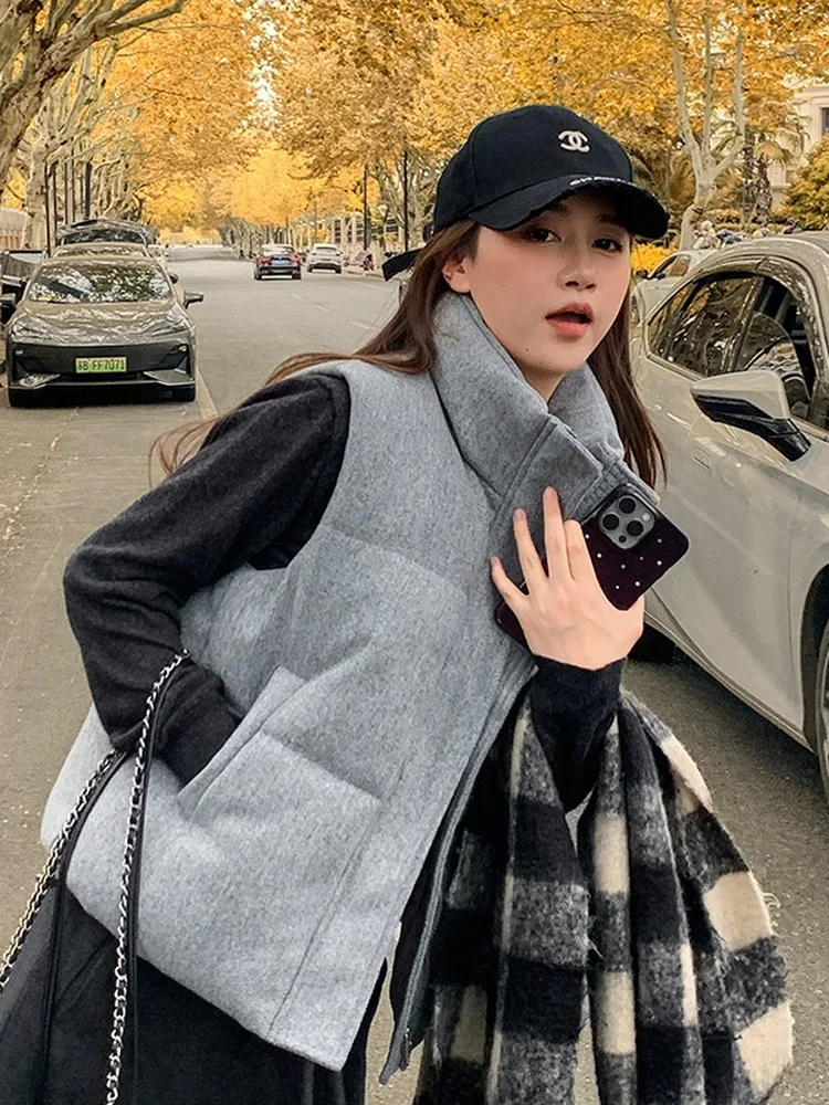 Autumn Winter Thickened Woolen Cotton Vest Women's Stand Collar Short Warm Outerwear Trendy Open Front Loose Fit Jacket
