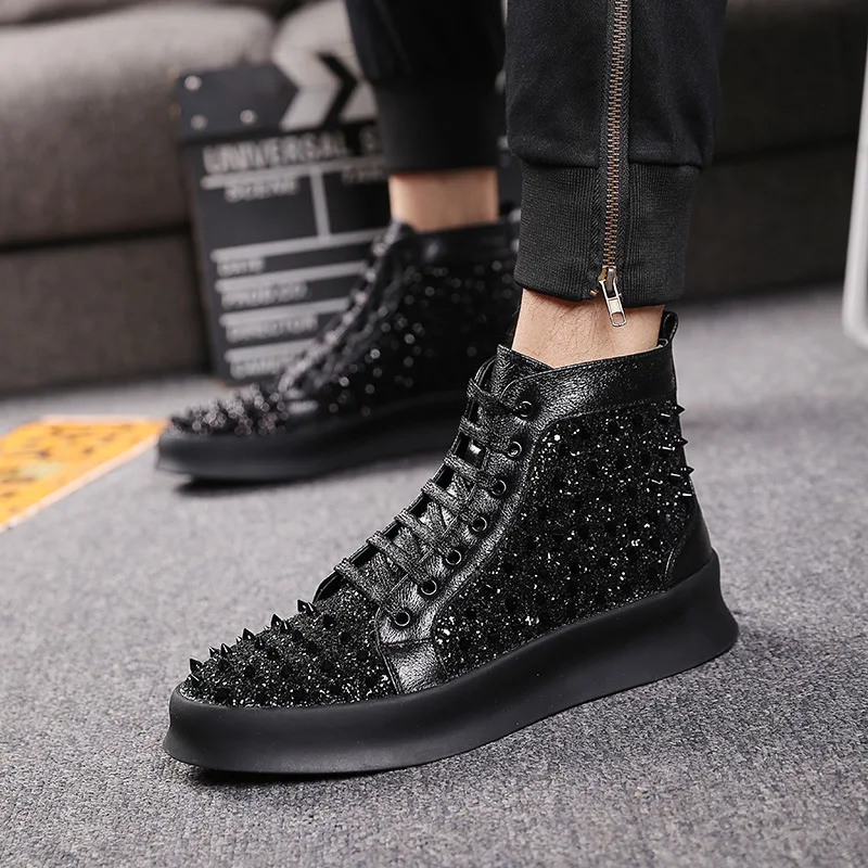 men's luxury fashion flats platform boots stage nightclub dress soft leather spikers shoes cowboy ankle designer studded botas