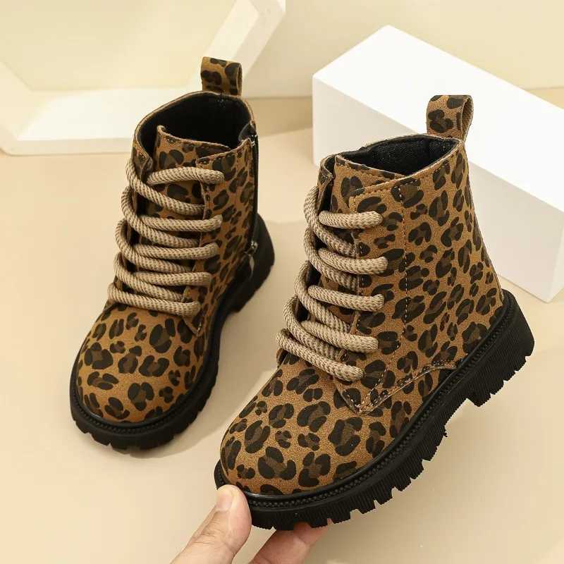Kids Short Boots Leopard Print Children Leather Boots Chic Trendy 2026 Autumn Winter Girls Ankle Boots Soft Bottom