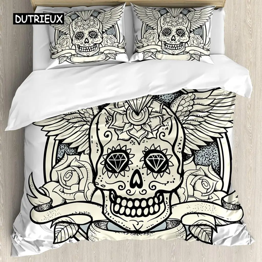 Sugar Skull Duvet Cover Set,Illustration of Calavera Diamond and Roses Vintage Revival Design, Decorative 3 Piece Bedding Set