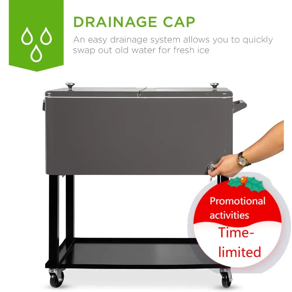 

Hot sales80-Quart Outdoor Steel Rolling Cooler Cart w/Ice Chest, Bottle Opener, Catch Tray, Drain Plug, Locking Wheels