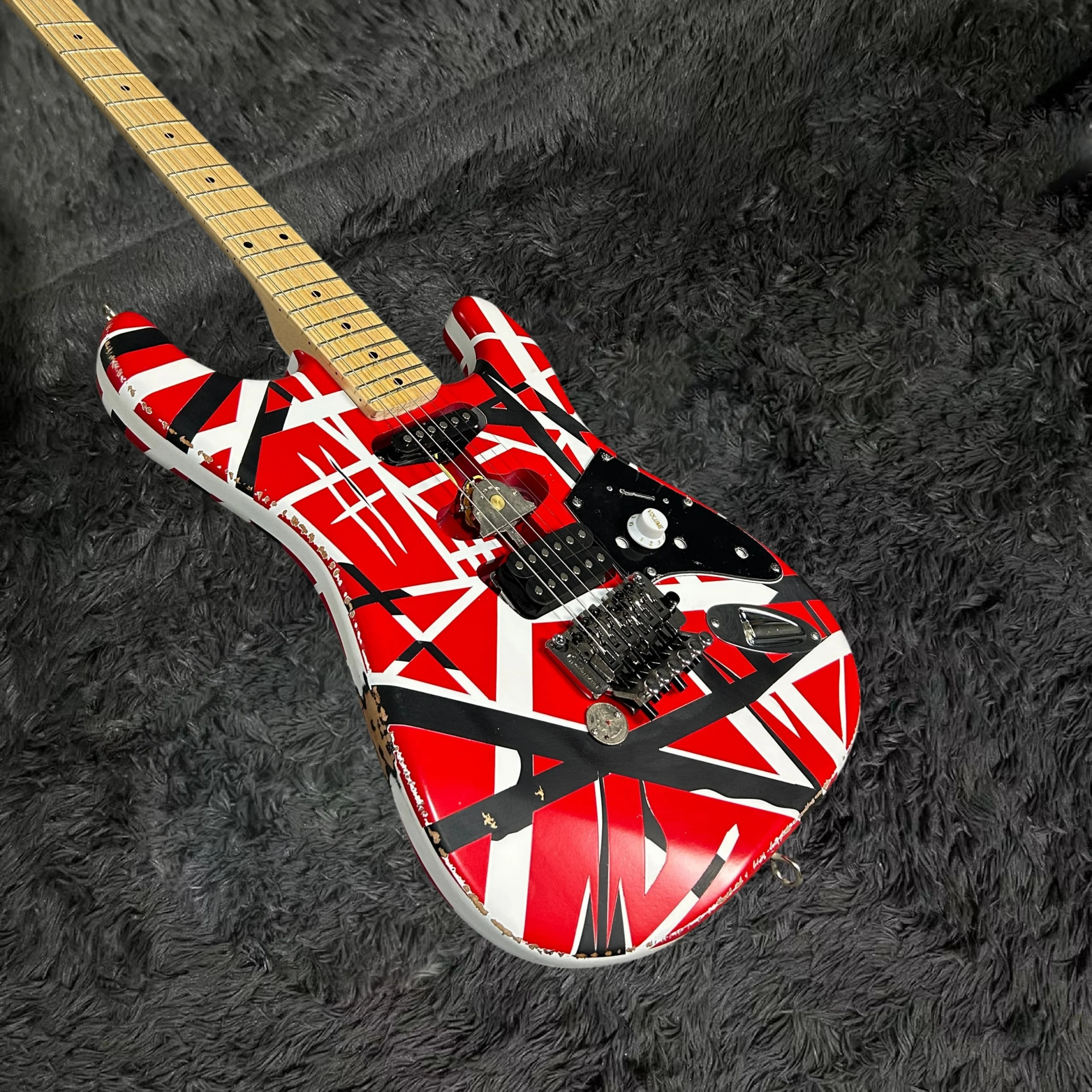 Handmade Aged Electric Guitar, Geometric Stripe Finish, HSS Pickups, Double Tremolo, Maple Fretboard