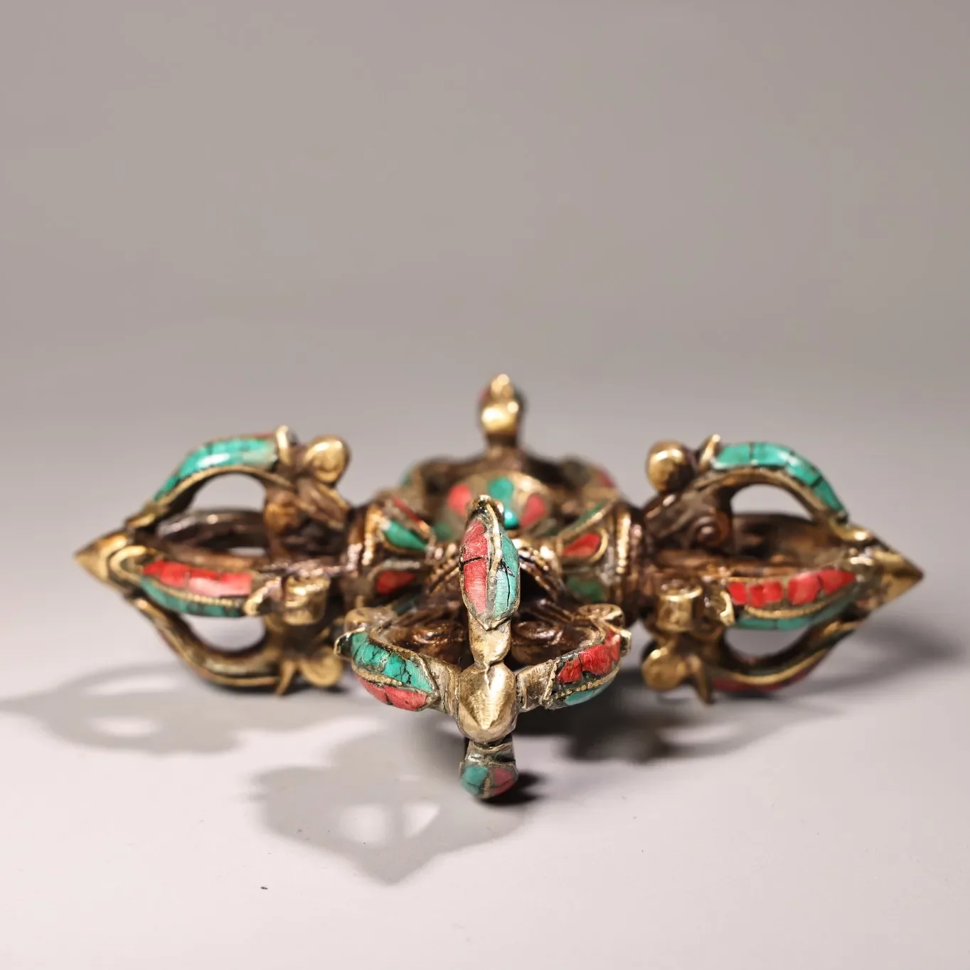 

6"Tibetan Temple Collection Old Bronze Outline in gold Mosaic Gem Turquoise Cross Vajra Phurpa Amulet Dharma Town house Exorcism