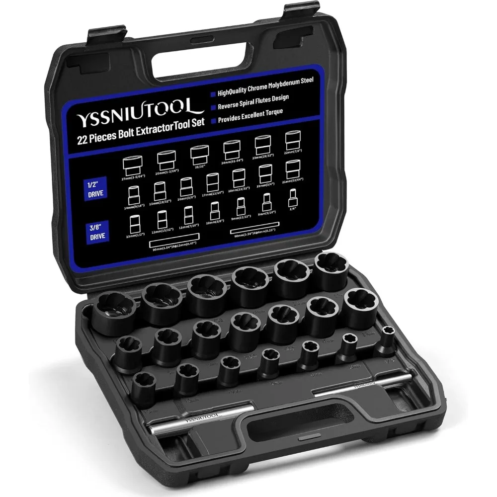 Juego de extractores de tuercas de perno de 22 piezas, herramienta de enchufe para quitar tuercas de impacto de accionamiento de 1/2 y 3/8, kit de extracción de bloqueo de rueda para extracción de daños