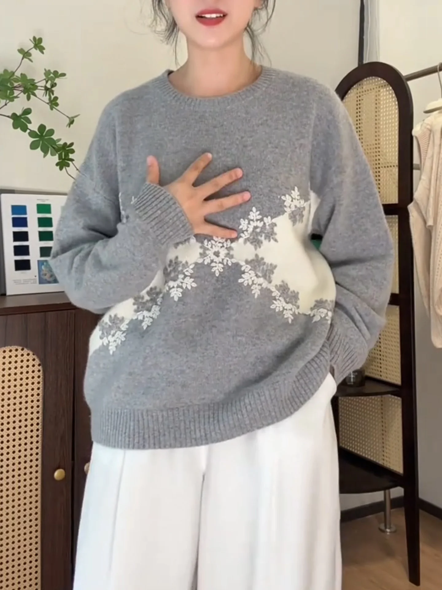 

Large Size ey Snowflake Pattern Long Sve Knitted Sweater Women's round Ne Loose Fit Versatile Comfortable Top