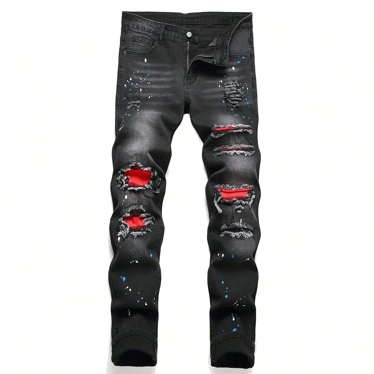 Y2K jeans skinny elástico masculino, calça rasgada, patchwork, buraco, ajuste fino, hip hop, calça reta preta, calça casual