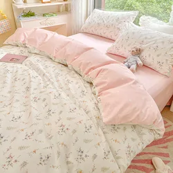 Ins Pink Floral Bedding Set For Girls Boys Double Size Flat Sheet Duvet Cover and Pillowcase Soft Bed Linen Home Textile