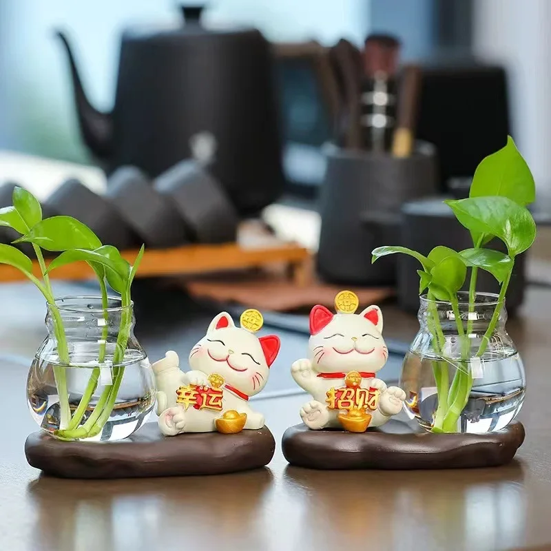 Lucky Cat Hydroponic Ornament, Office Desk Decor, Mini Workstation Ornament, Clear New Vase for Green Pothos
