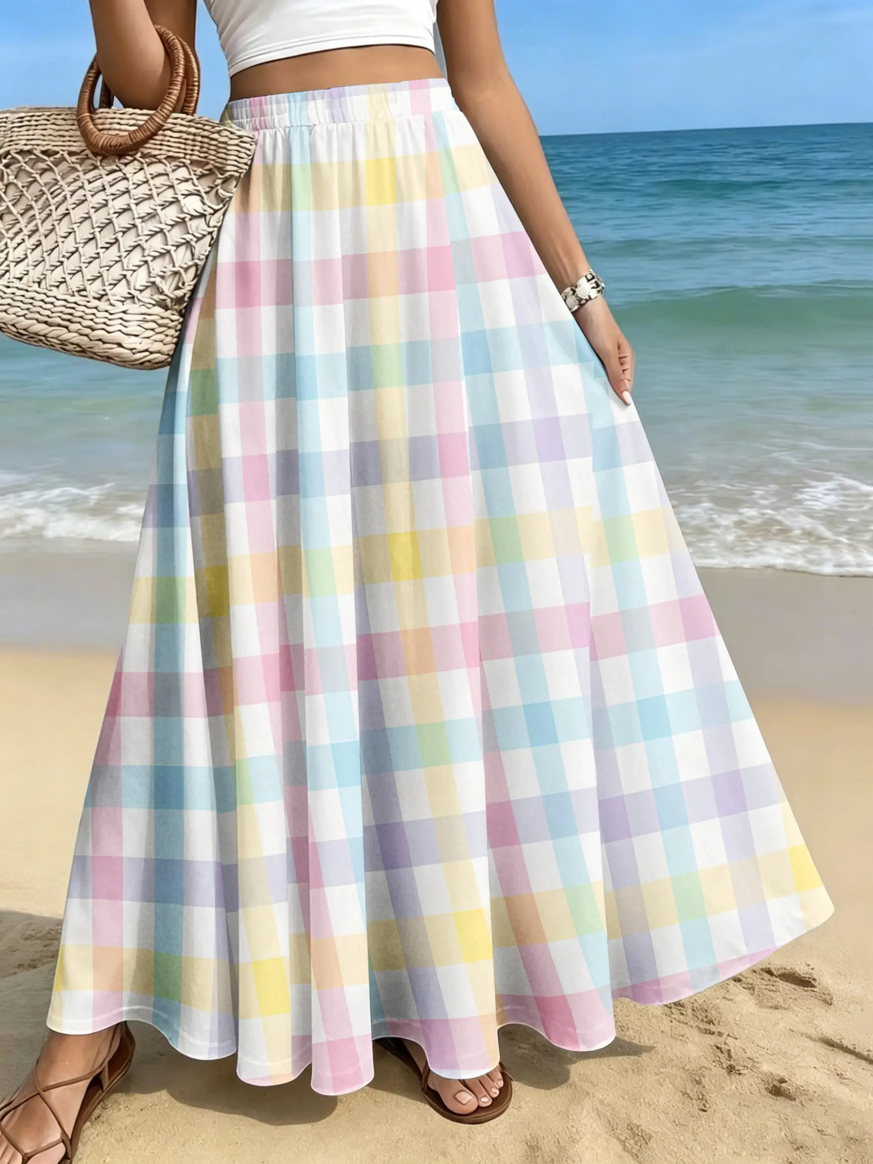 Summer Women High Waist Maxi Skirt Colorful Plaid Striped Print Elastic Waist Beach Holiday Flowy A‑Line Long Skirt