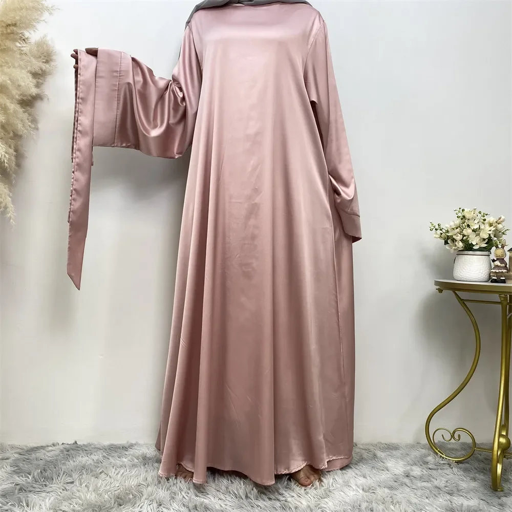 

Women's Dress Plain Satin Simple European American Long Dress Women Temperament Lace-up Loose Dress Large Size Pullover 2024