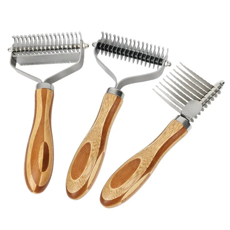 Dog Comb Knife Dog Brush Bamboo Double-sided Cat Comb Stainless Steel Pet Hair Remover Solid Wood Hair Knot Cleaning Dogs Brush