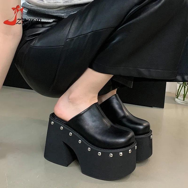 Women\'s Platform Sandals Black Gothic Closed Toe Chunky High Heels Slippers Rivet Slip On Y2k Punk Shoes Women Summer Size 41 42