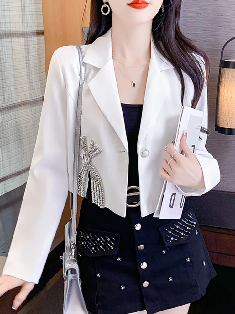 SMTHMA Luxury Design Bow Diamond Lapel Autumn Jacket New Long Sleeved Versatile Top Women's Clothing