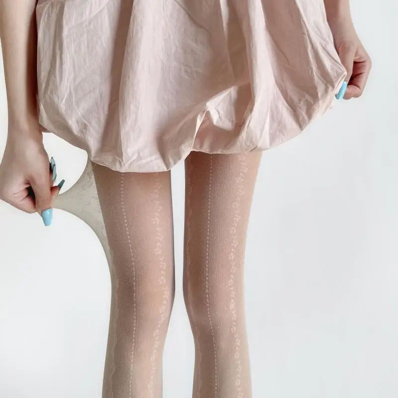 1PCS  Girl 2026 Colored Pantyhose Spring And Summer Ultra thin Jacquard Stockings Sweet Vertical Lace Little Flower Pure Color