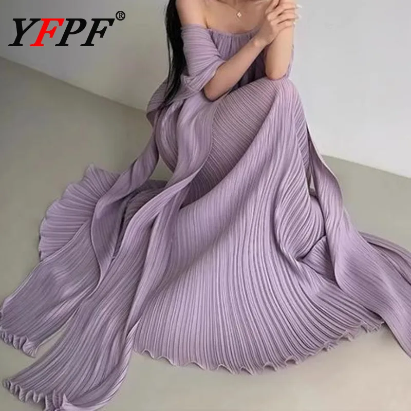 

YFPF Elegant Miyake Pleated Dress Women Slash Neck Patchwork Design Solid Color Evening Long Dresses Fashion 2025 New Clothing