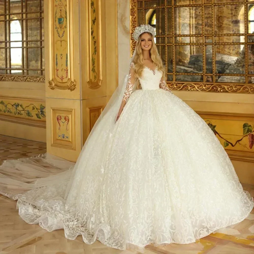 

Elegant White A-Line Lace Decal Women's Fluffy Wedding Dress Sexy V-Neck Princess Dance Bridal Gown Vestido De Novia Customized