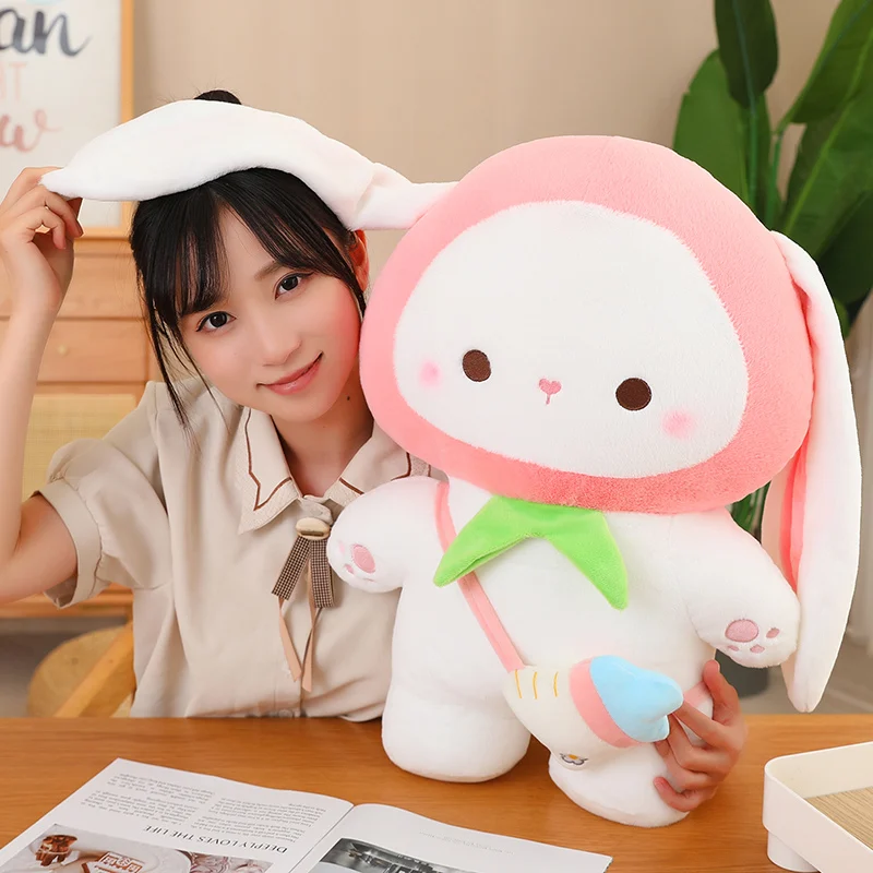 

Kawaii Pink Fruit Rabbit Plush Toy Cute Soft Stuffed Animals Bunny Carrying Milk Bottle Bag Plushies Doll Cartoon Pillow for Kid