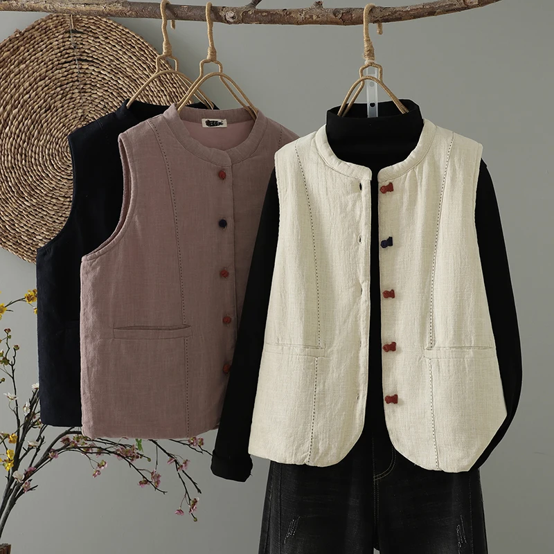 Original Zen Style Women's Vest Thin Cotton Linen Sleeveless Cardigan Warm Outerwear Autumn Winter Fashion Artistic Coat