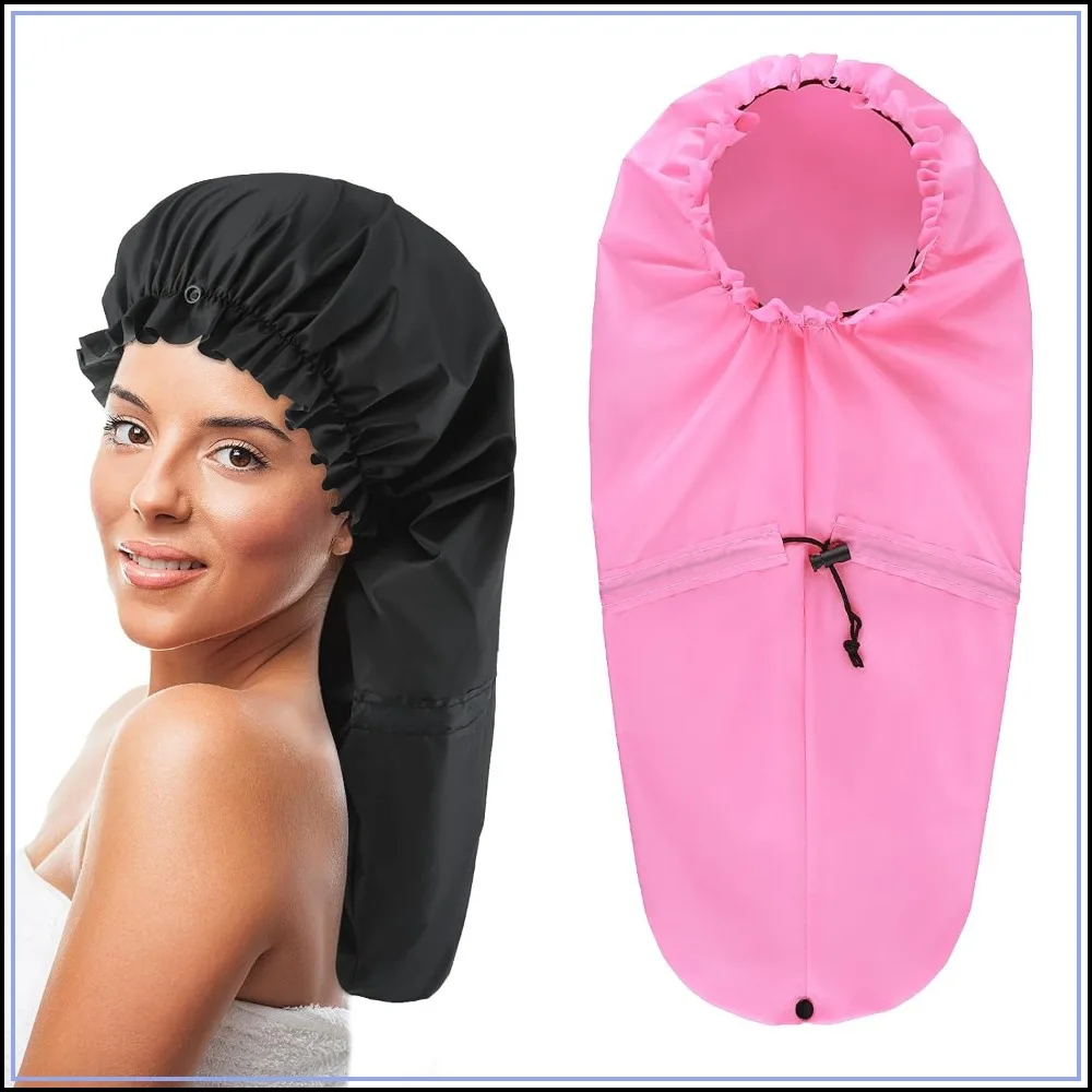 2 Pcs Extra Large Shower Cap for Braids, Long Hair & Locs, Waterproof Drawstring Bath Cap for Women & Men (Black, Pink)