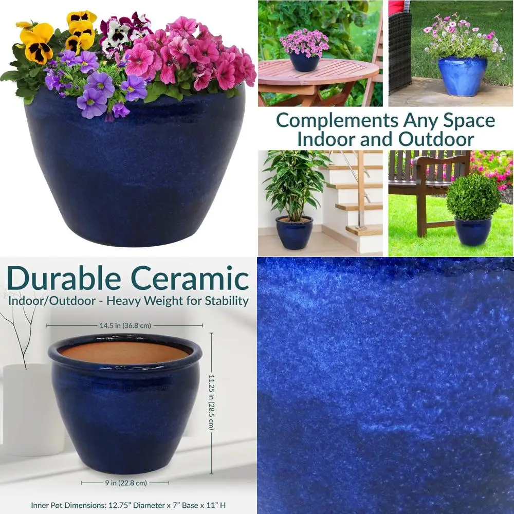 

Large Round Outdoor Glazed Ceramic Planter Pot with Drainage - Imperial Blue - 14.5 Inches - Chalet Style - Perfect for Garden D