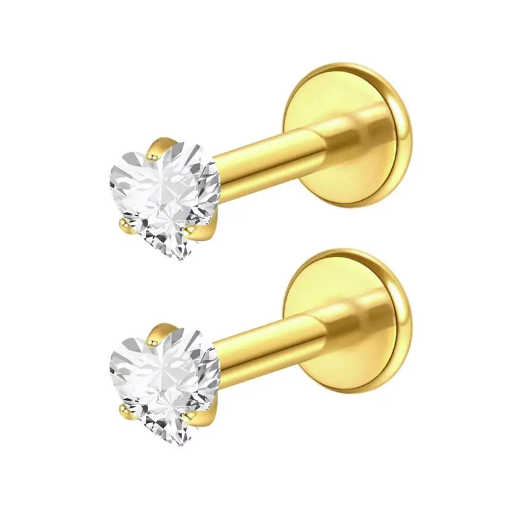 1Pair 16G Stainless Steel Internally Threaded Nose Stud Flat Back Heart CZ Helix Cartilage Tragus Earrings Lip Piercing Jewelry