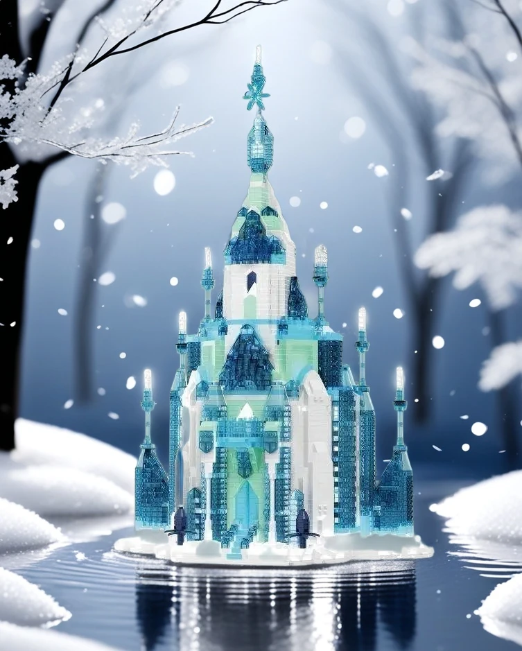 ice castle bricks, frozen princess castle model, transparent crystal micro blocks, fairy tale castle toy