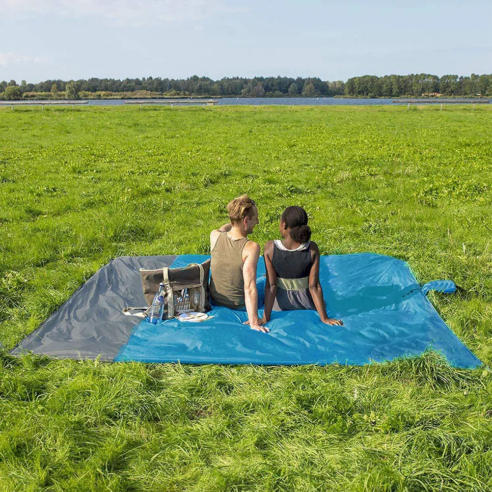 

Waterproof Beach Picnic Mat Portable Folding Outdoor Cushion with Floor Nails Storage Pockets Blue Gray 200x200cm Moistureproof
