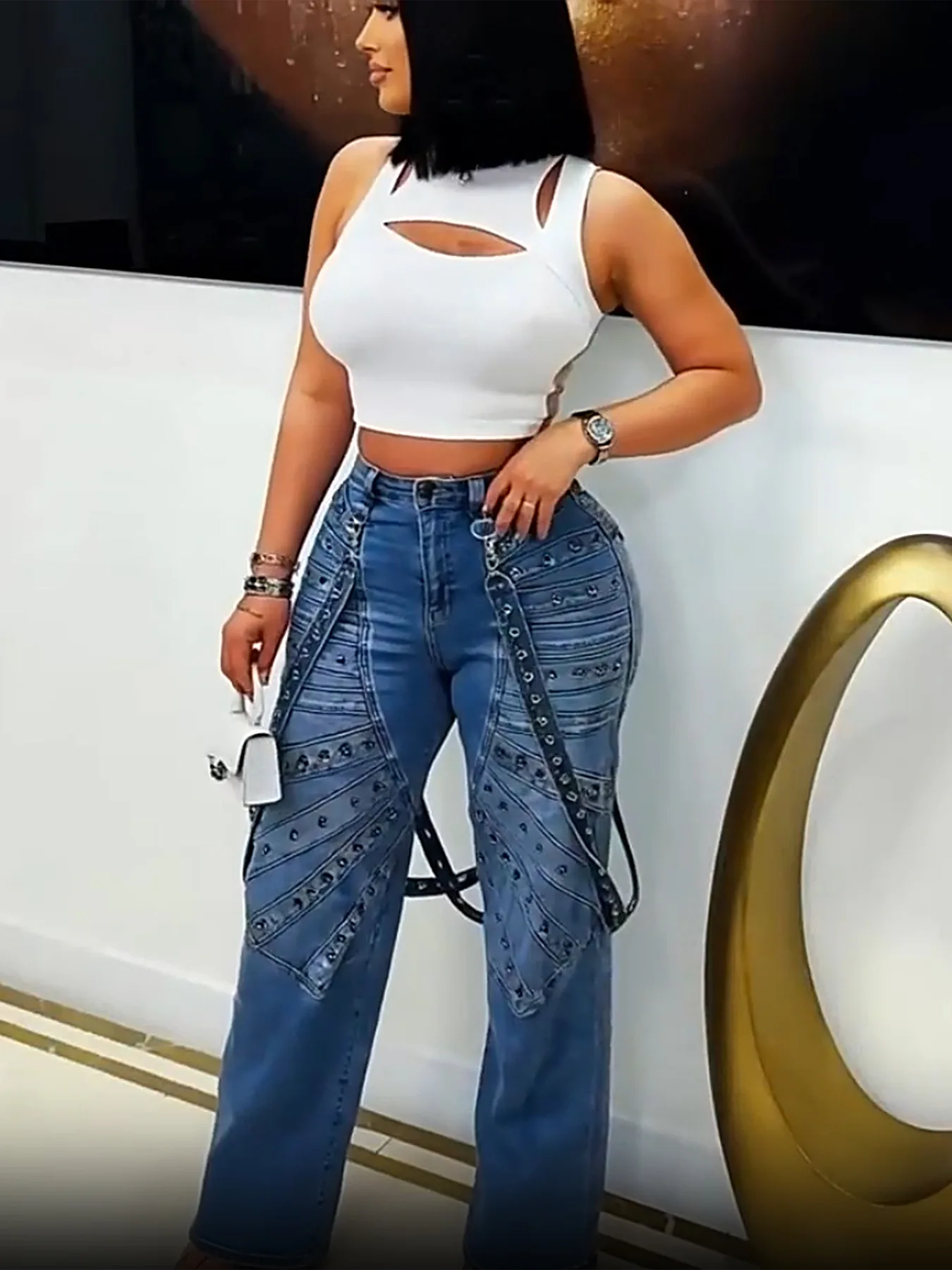 2025 Estate Donna Moda Rivetti in metallo Pantaloni in denim blu Streetwear INS Safari Style Cargo Hip Hop Jeans dritti