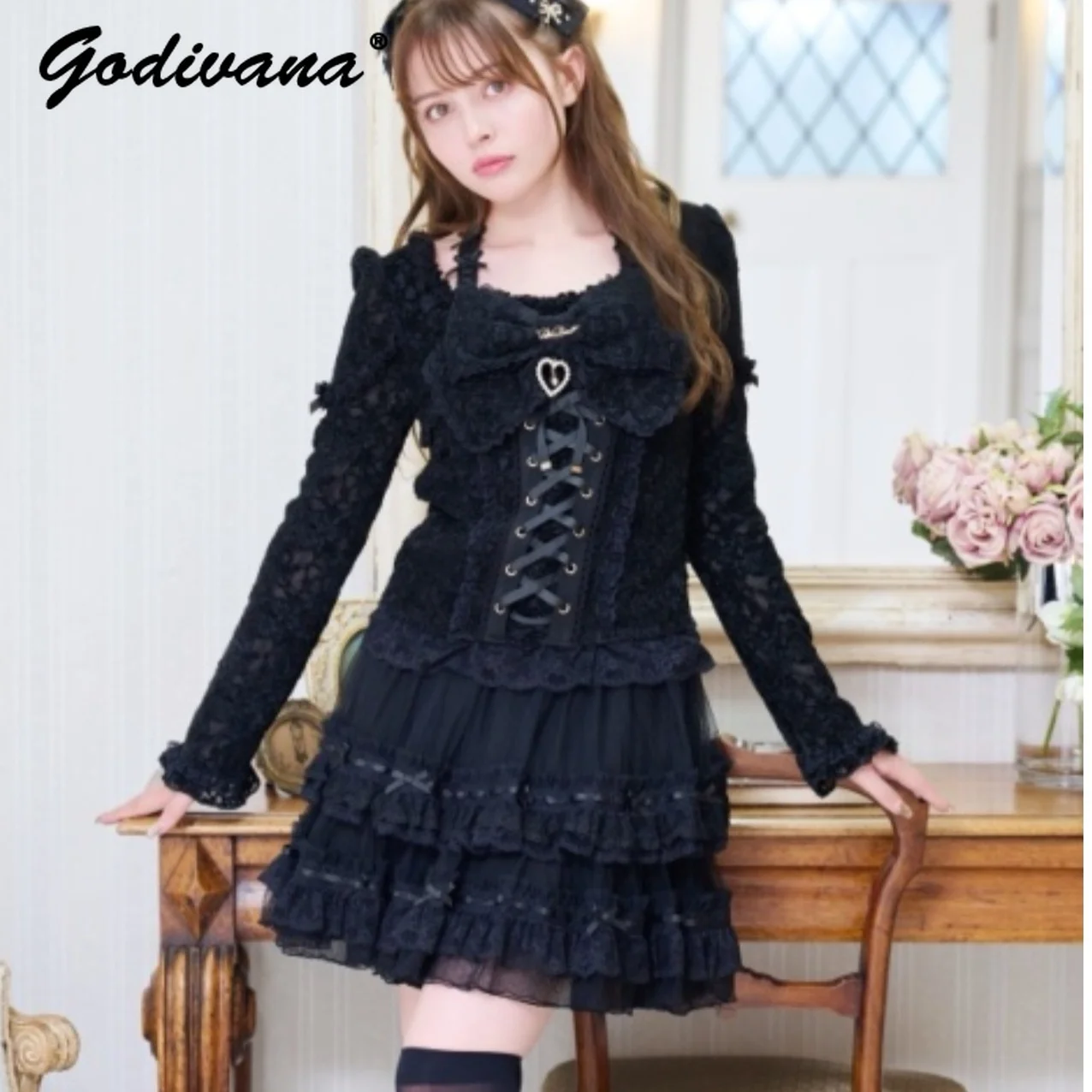 

Japanese Style New Spring and Autumn Mass-Produced Lace Sweet Big Bow Lace Shirt Slim-fit Women's Lolita Blouse Tops