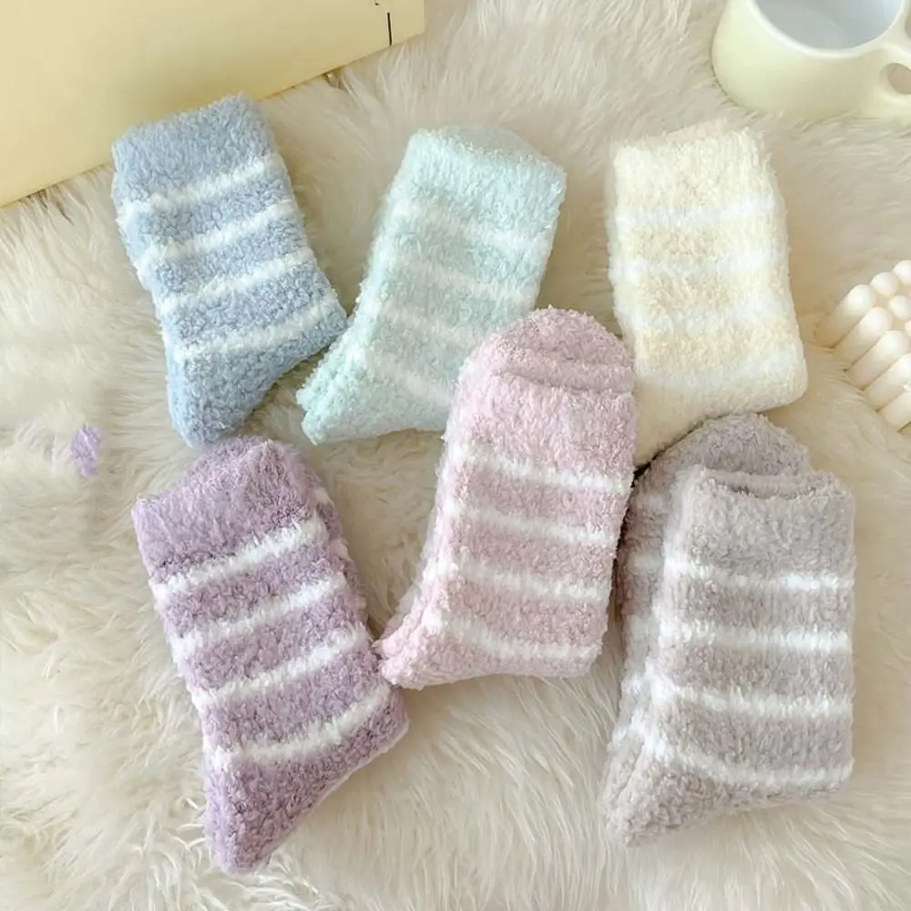 6 pares de calcetines de lana Coral a rayas a la moda, calcetines de terciopelo gruesos y cálidos de felpa, calcetines suaves para dormir de retales para niñas