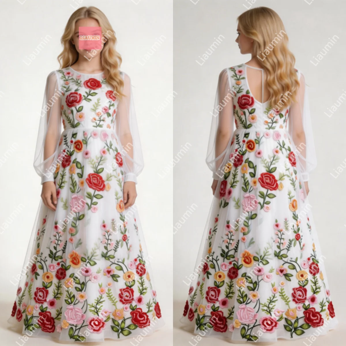 Flower Girl Dresses Long Sleeve Lace Embroidery Wedding Brithday Princess First Communion Pageant Kids Skirt Customized W22-39