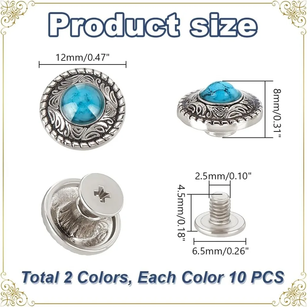 20 Sets Conchos for Leather 2 Colors Alloy Engraving Decorative Buttons Metal Screw Back Button Retro Leather Screw Rivets