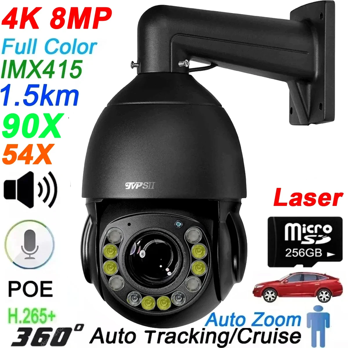 Metal Laser  Full Color Auto tracking 8MP 4K 90X Optical Zoom 360° Audio Outdoor ONVIF POE PTZ Surveillance Speed Doom IP Camera