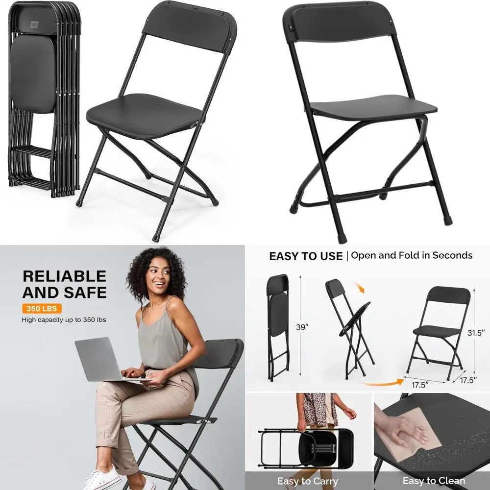 เก้าอี้พลาสติกพับได้แบบพกพา - 6 แพ็ค เก้าอี้นั่งในร่มกลางแจ้งสีดำพร้อมโครงเหล็ก ความจุ 350 ปอนด์
