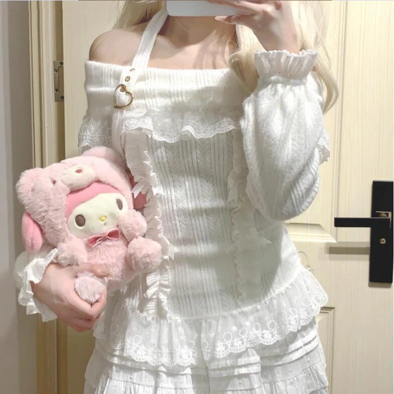 Deeptown Kawaii słodki sweter z dzianiny damski Off ramię sweter w stylu japońskim Harajuku koronkowa kokarda Cutecore swetry z długim rękawem