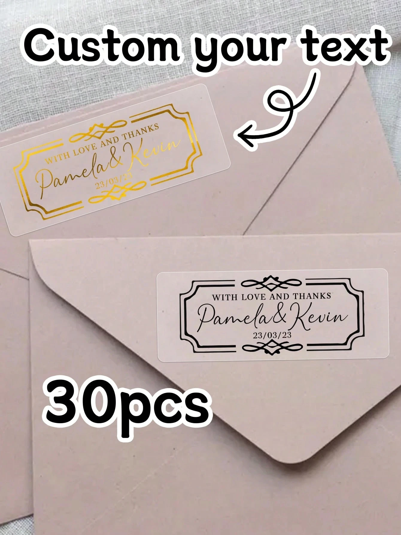 

Custom Wedding Stickers Personalize Name Text Transparent Gold Stamping Rectangle Favor Invitations Anniversary Christmas