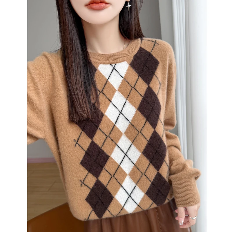 Suéter feminino 100% lã com padrão de diamante, gola redonda, manga comprida, pulôver macio e quente de lã merino, outono inverno, tops básicos
