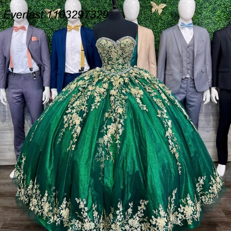 

EVLAST блестящее зеленое платье Quinceanera 2024 бальное платье Золотое кружево аппликация бисером мексиканский корсет милое 16 Vestido De 15 Anos TQD378