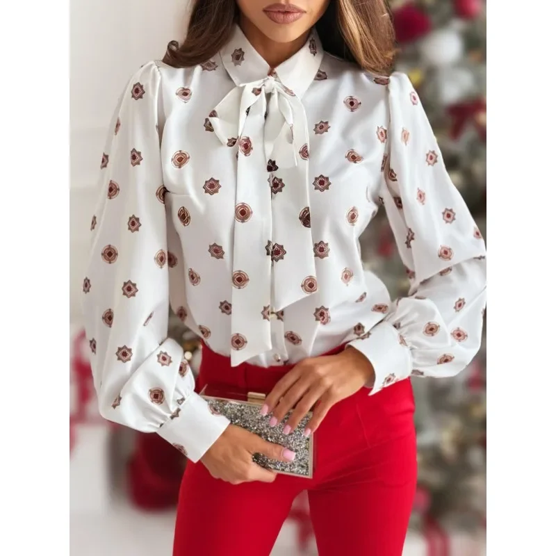 

New Women's S-XXL Fashionable Printed Long Sleeved Blouse Shirt Ladies Floral Casual Collar Bow Tie Shirt