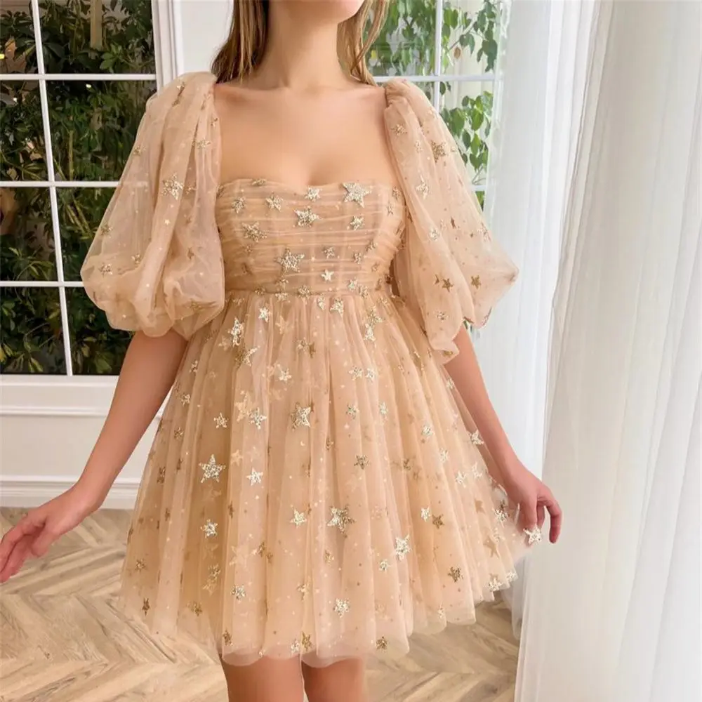 

Amanda Princess Puffy Sleeve A-line Prom Dress Elegant Mini فساتين السهرة Sweet Champagne Star Embroid Short Vestidos De Noche