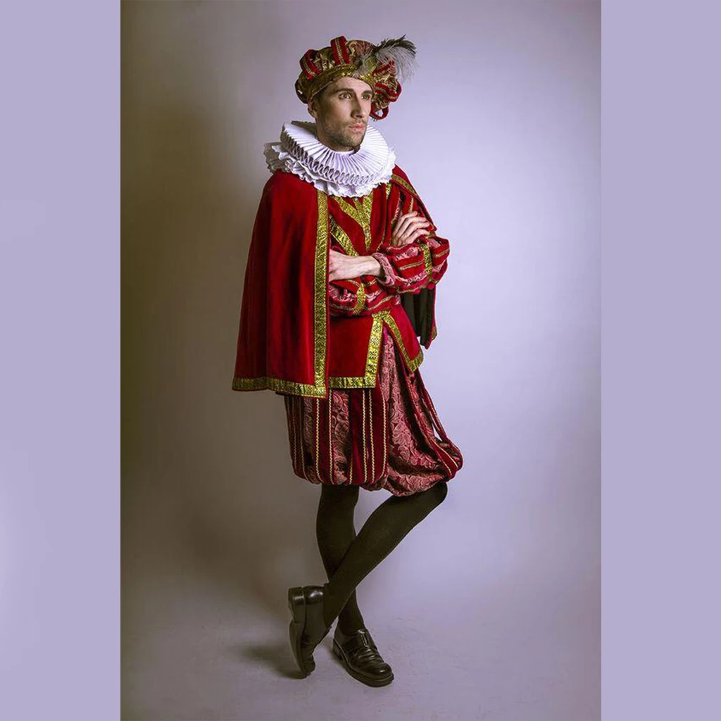 15. 16. Century Tudor Deluxe Red Outfits Elizabethan Tudor King Prince Świąteczny luksusowy garnitur Vintage z peleryną Zestaw kostiumów