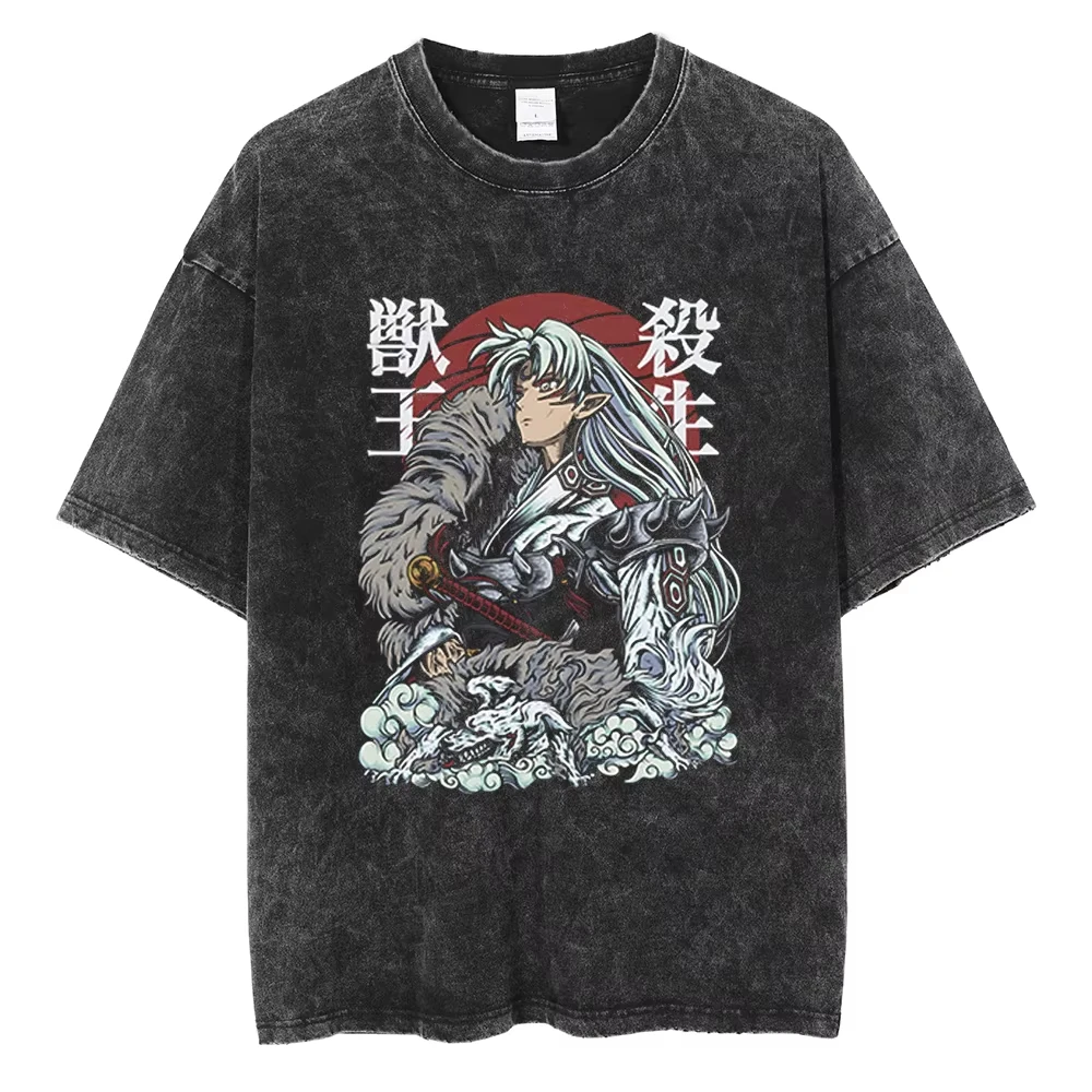 Camiseta con estampado de Anime Inuyasha Sesshoumaru para hombre y mujer, camisetas de algodón, camiseta lavada de Manga, camisetas Harajuku para hombre