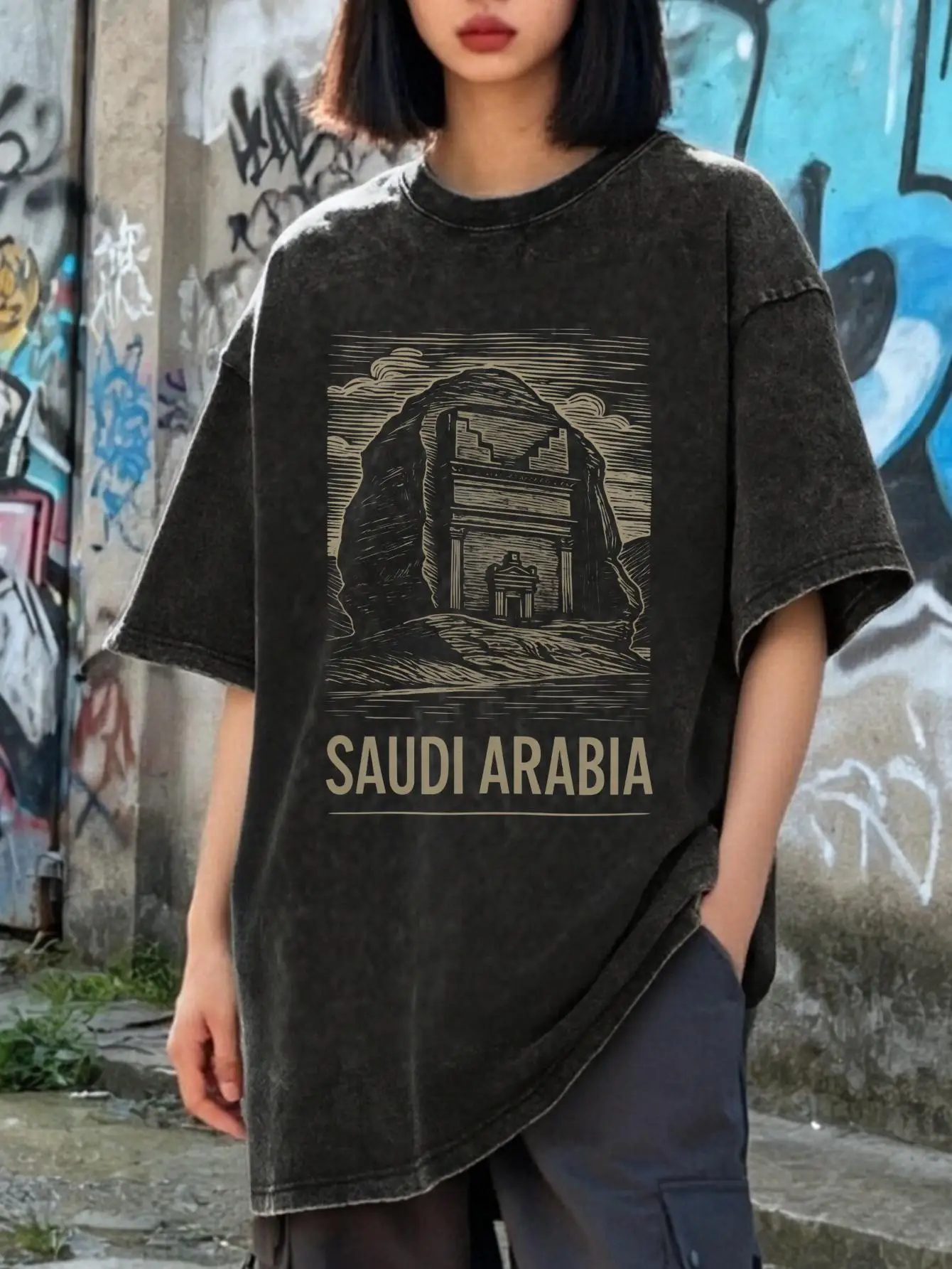 تي شيرت للزوجين في المملكة العربية السعودية تي شيرت مغسول باليوم الوطني تي شيرت صيفي عصري ورائع ملابس قطنية مطبوعة ممتعة #2