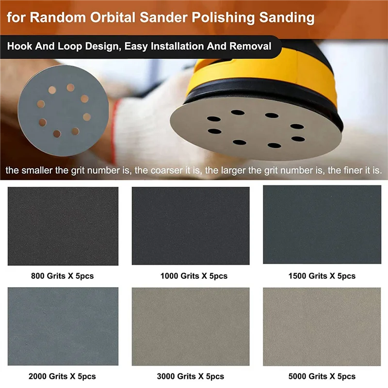 

Flash Trend 120Pcs 5-Inch Sanding Disc Sets, Hook&Loop 5-Inch 8-Hole Combination (800/1000/1500/2000/3000/5000) Sandpaper