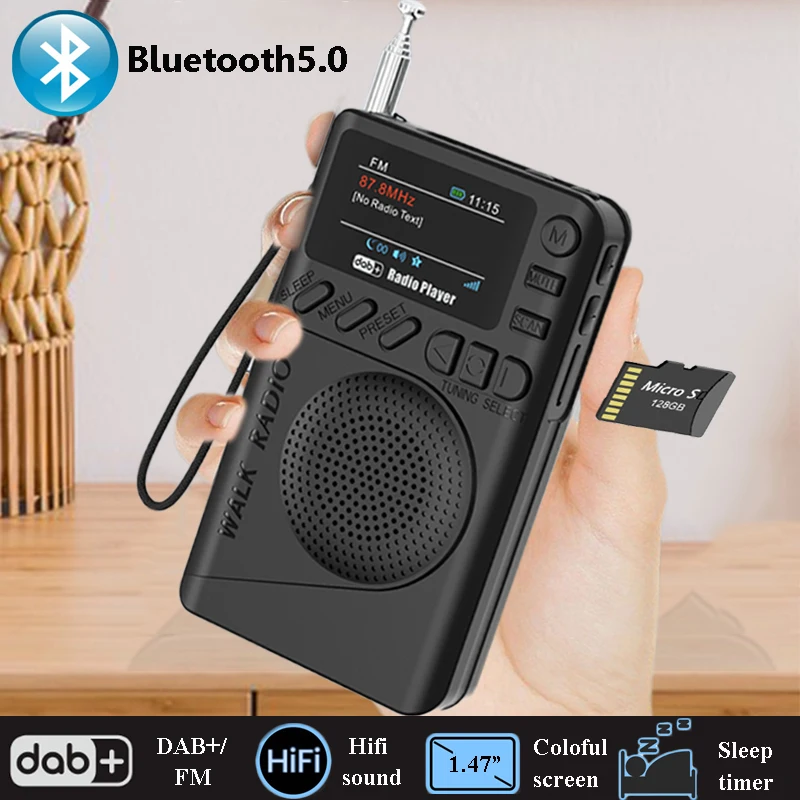جيب صغير DAB/FM راديو ملون شاشة الكريستال السائل أجهزة استقبال قابلة للشحن سمّاعات بلوتوث مشغل MP3 دعم TF النوم الموقت