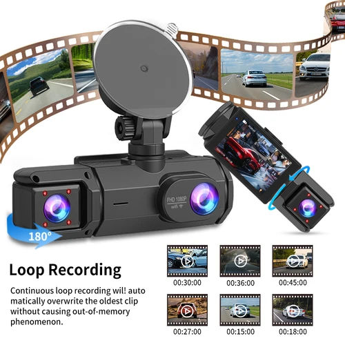 Imagen 2 del producto Cámara para Coche Dash Cam de 3 Canales FHD1080P, Grabadora de Conducción DVR para Coche, Visión Nocturna, Grabación en Bucle, Sensor G, Tacógrafo, Cámara para Tablero