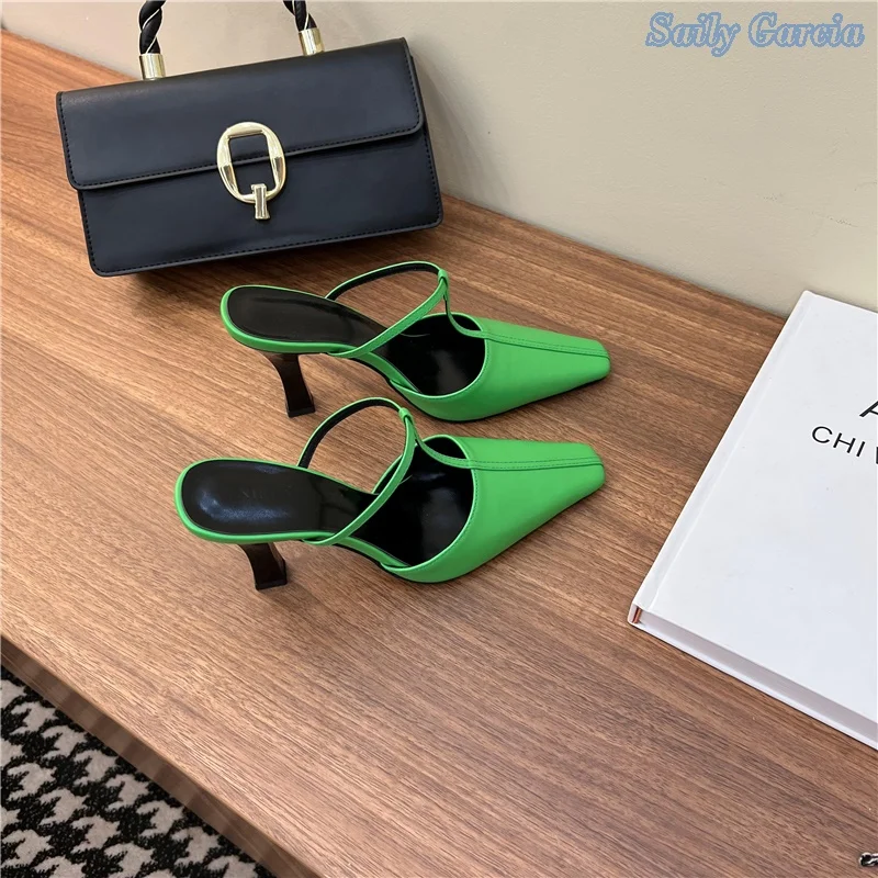 Green T Tied Square Toe Concise Stiletto Heel Slippers Outside Cowskin Green Summer Modern Solid New Arrival Fashion Party Shoes