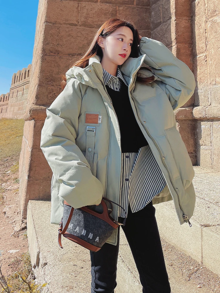 Winter Thiened down Cotton Jaet Women's ort Oversize Bread Sle Coat Korean Loose Fit Long Sve Zipper Closure