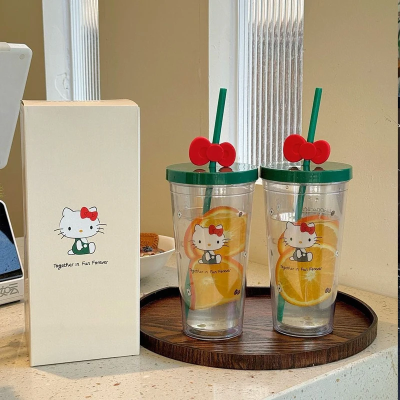 

2025 New Miniso Hello Kitty Joint Straw Mug 400ml Plastic Cup Portable Cartoon Straw Cup Girl'S Birthday Gift